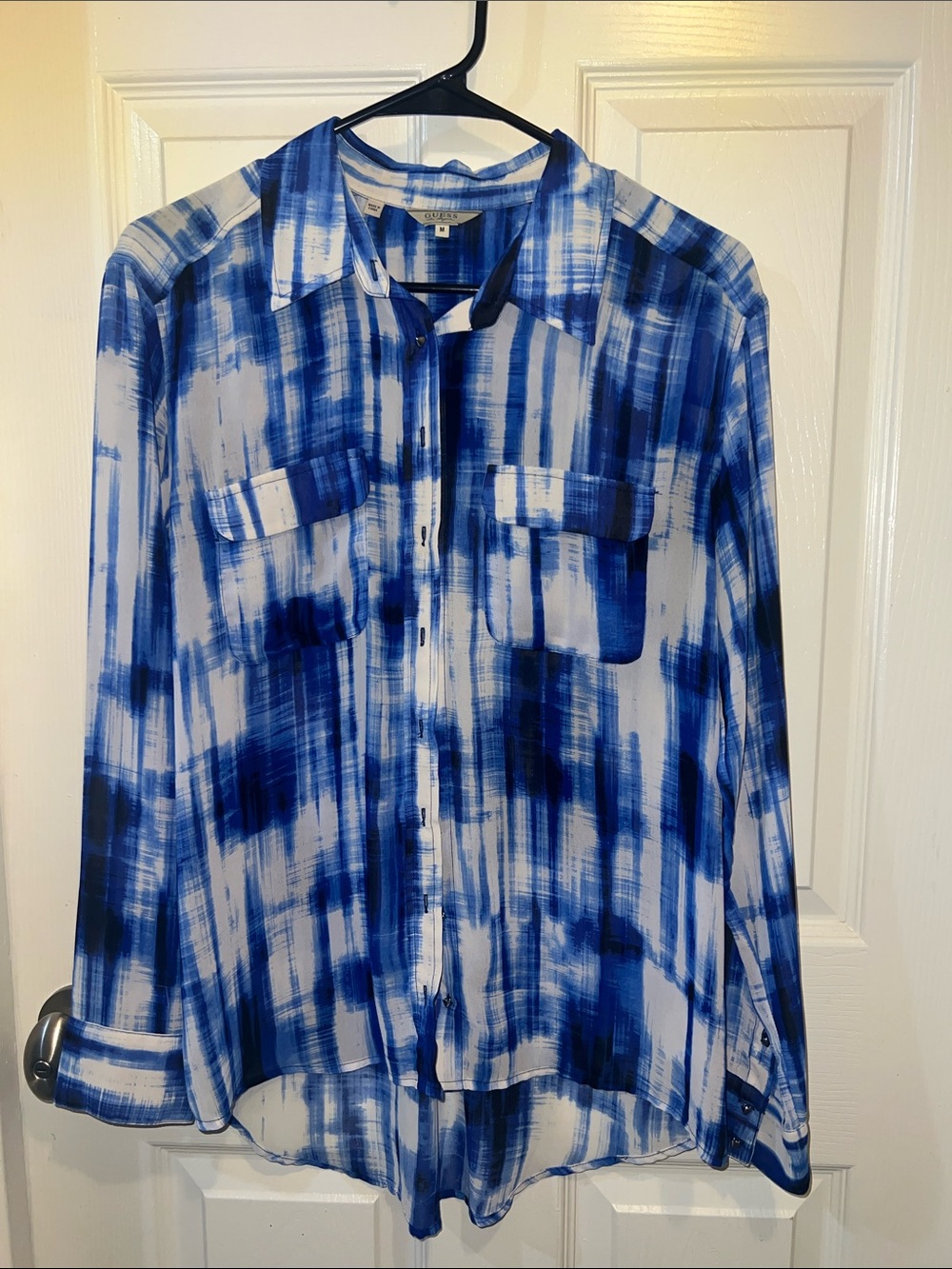 Guess Blue and White Abstract Plaid Button-Down Shirt - women